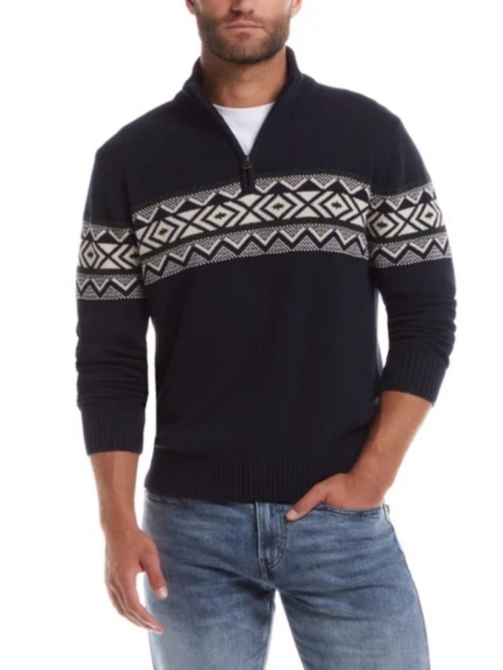 Weatherproof® Vintage Men’s Fair Isle Band ¼-Zip Pullover – Navy Blue – Size L